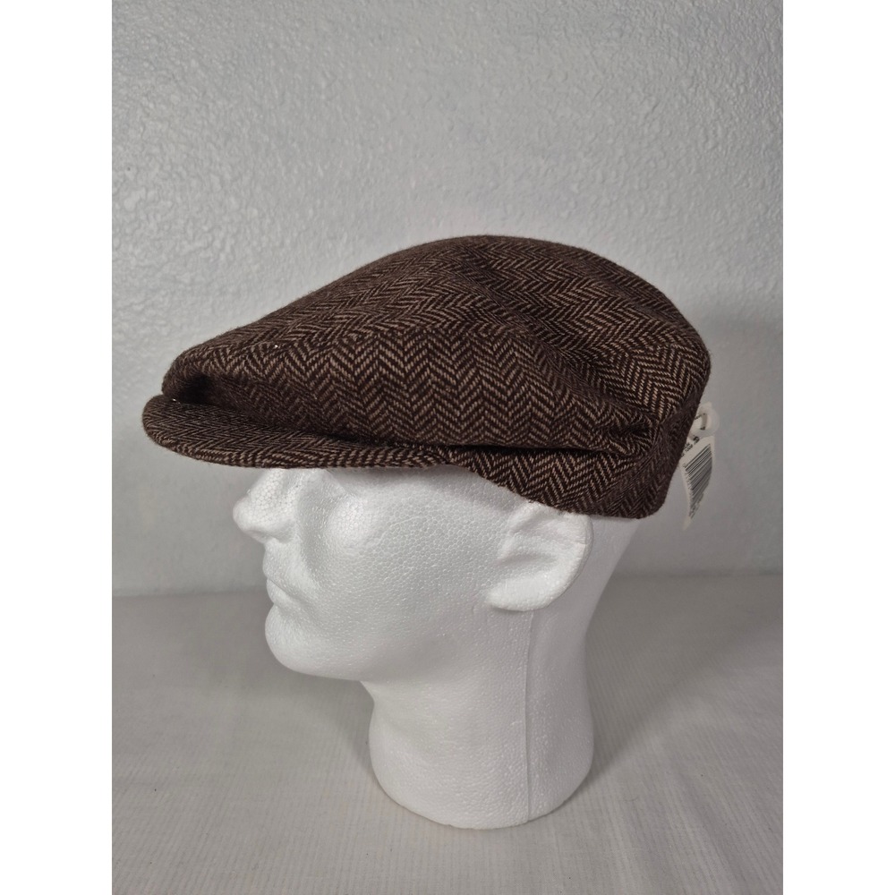Vtg Brown Herringbone Flat Cap Driving Newsboy Hat Snap Brim KMart Dead Stock